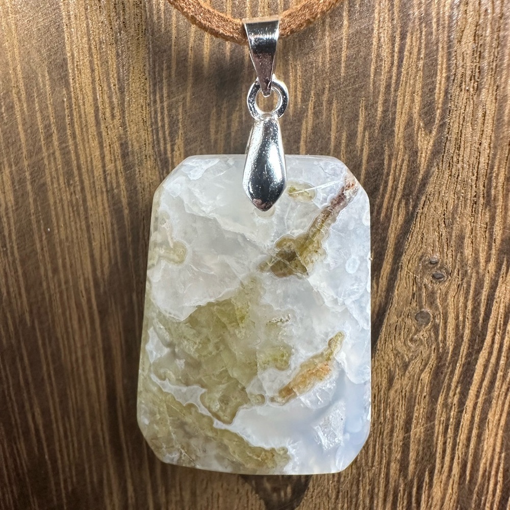 Moss Agate Pendant Necklace on Brown Faux Suede - Picture 4 of 8